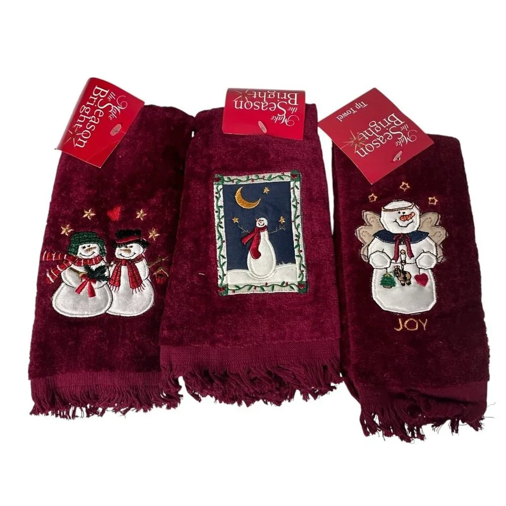 Vintage Snowman Make The Season Bright Tip Towel Christmas Set of 3 100% Cotton